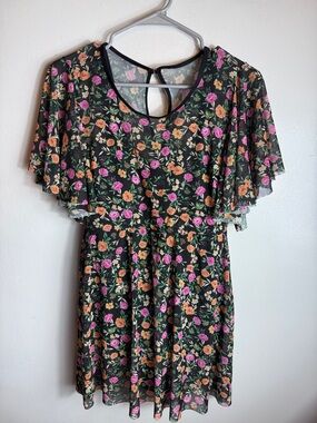 Bloomchic Swim Dress Floral Black Pink Size 10 Flutter Sleeve One Piece Summer